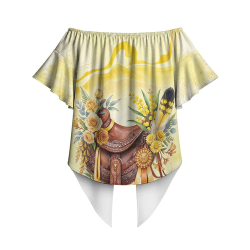 Melbourne Horse Floral Saddle Off Shoulder Wrap Waist Top Yellow Rose With Wattle Flowers