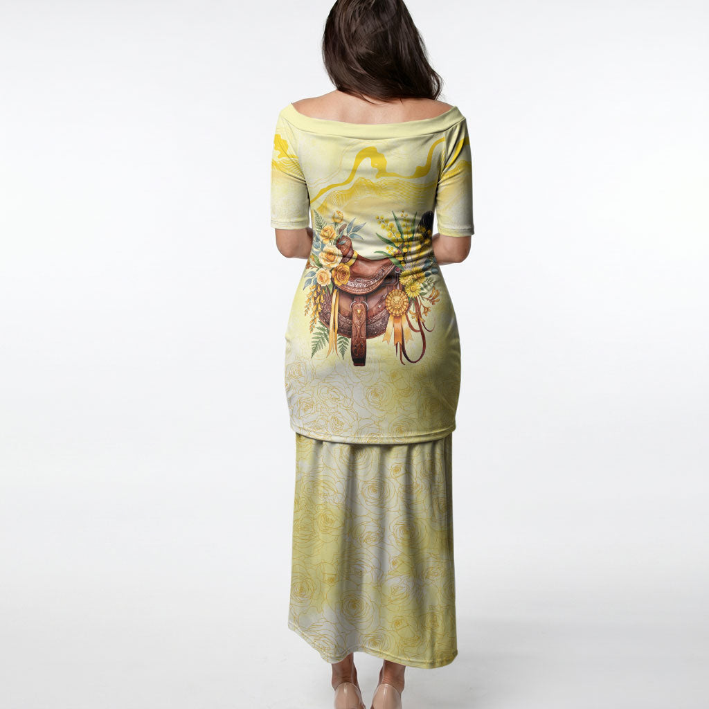 Melbourne Horse Floral Saddle Puletasi Yellow Rose With Wattle Flowers