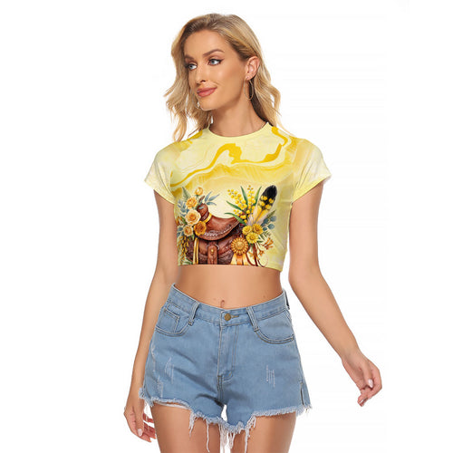 Melbourne Horse Floral Saddle Raglan Cropped T Shirt Yellow Rose With Wattle Flowers