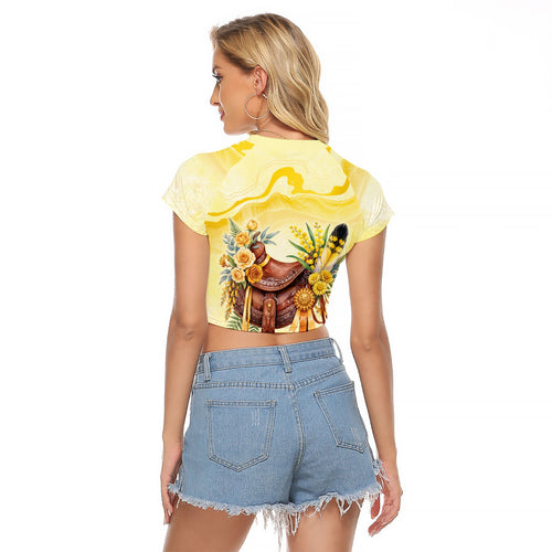 Melbourne Horse Floral Saddle Raglan Cropped T Shirt Yellow Rose With Wattle Flowers
