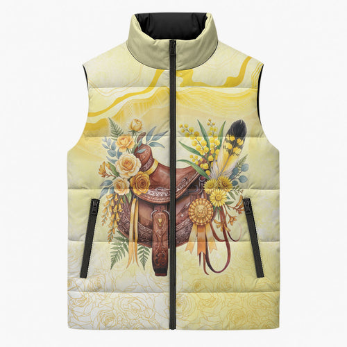Melbourne Horse Floral Saddle Sleeveless Puffer Jacket Yellow Rose With Wattle Flowers
