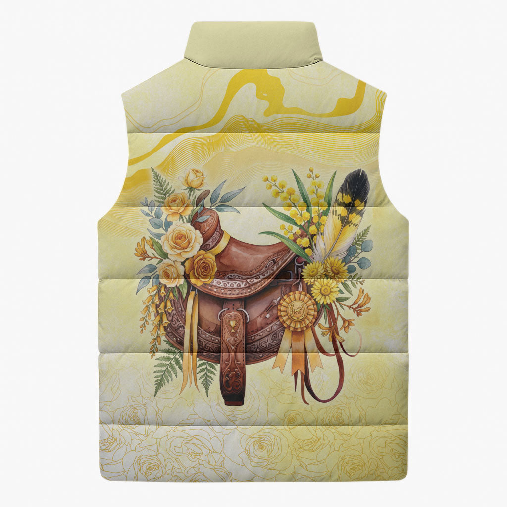 Melbourne Horse Floral Saddle Sleeveless Puffer Jacket Yellow Rose With Wattle Flowers
