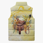 Melbourne Horse Floral Saddle Sleeveless Puffer Jacket Yellow Rose With Wattle Flowers