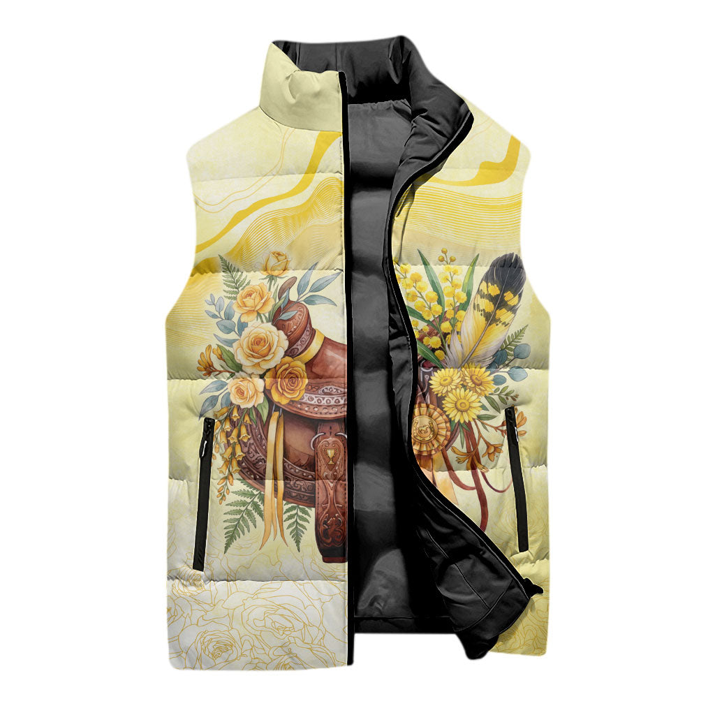 Melbourne Horse Floral Saddle Sleeveless Puffer Jacket Yellow Rose With Wattle Flowers