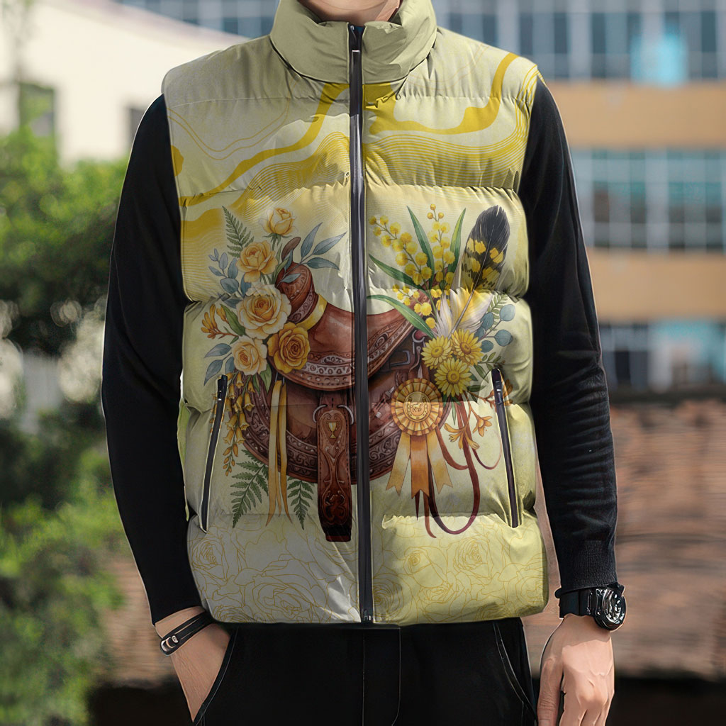 Melbourne Horse Floral Saddle Sleeveless Puffer Jacket Yellow Rose With Wattle Flowers