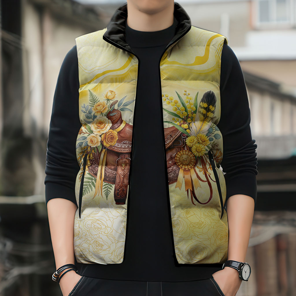 Melbourne Horse Floral Saddle Sleeveless Puffer Jacket Yellow Rose With Wattle Flowers