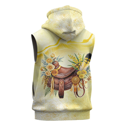 Melbourne Horse Floral Saddle Sleeveless Zip Hoodie Yellow Rose With Wattle Flowers