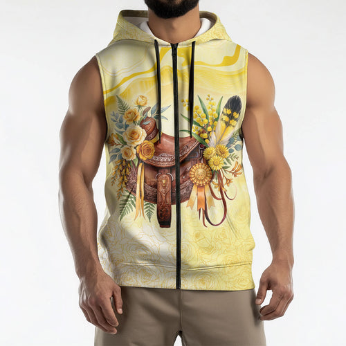 Melbourne Horse Floral Saddle Sleeveless Zip Hoodie Yellow Rose With Wattle Flowers
