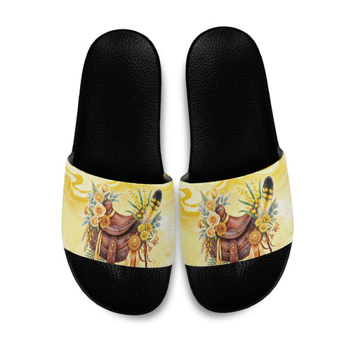 Melbourne Horse Floral Saddle Slide Sandals Yellow Rose With Wattle Flowers