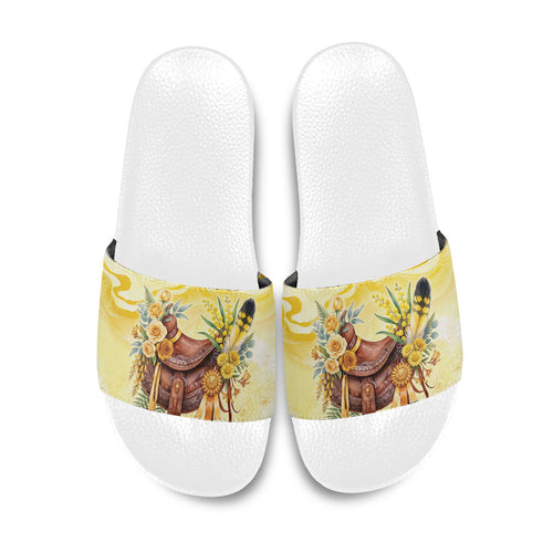 Melbourne Horse Floral Saddle Slide Sandals Yellow Rose With Wattle Flowers