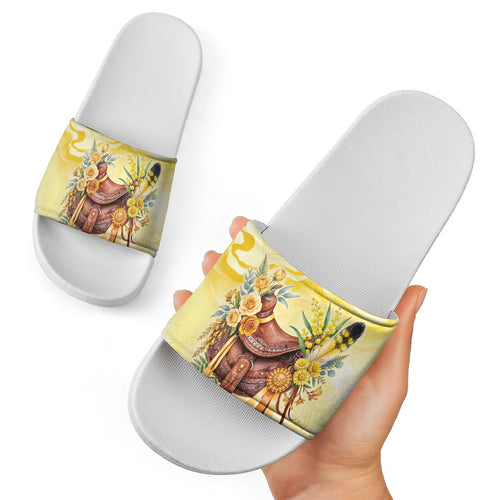 Melbourne Horse Floral Saddle Slide Sandals Yellow Rose With Wattle Flowers