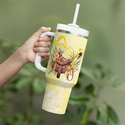Melbourne Horse Floral Saddle Tumbler With Handle Yellow Rose With Wattle Flowers