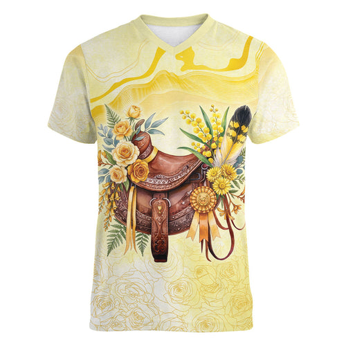 Melbourne Horse Floral Saddle Women V-Neck T-Shirt Yellow Rose With Wattle Flowers