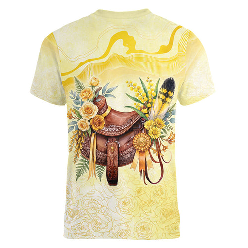 Melbourne Horse Floral Saddle Women V-Neck T-Shirt Yellow Rose With Wattle Flowers