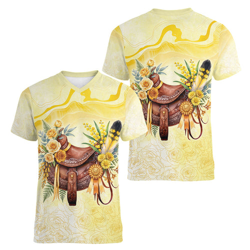 Melbourne Horse Floral Saddle Women V-Neck T-Shirt Yellow Rose With Wattle Flowers