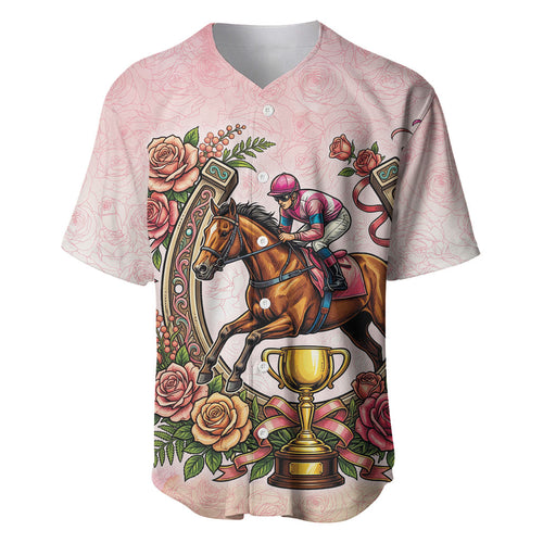 Melbourne Horse Race Baseball Jersey Aussie Floral Horseshoe Pink Rose