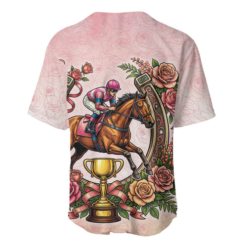 Melbourne Horse Race Baseball Jersey Aussie Floral Horseshoe Pink Rose