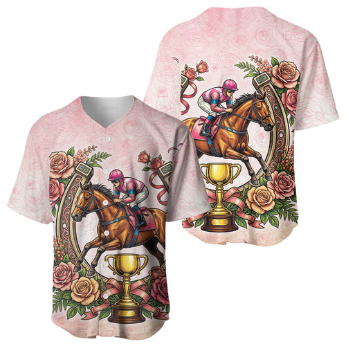 Melbourne Horse Race Baseball Jersey Aussie Floral Horseshoe Pink Rose