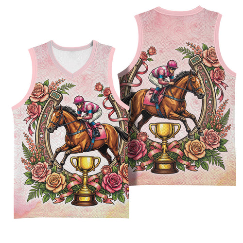Melbourne Horse Race Basketball Jersey Aussie Floral Horseshoe Pink Rose