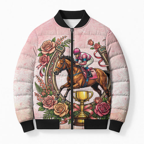 Melbourne Horse Race Bomber Puffer Jacket Aussie Floral Horseshoe Pink Rose