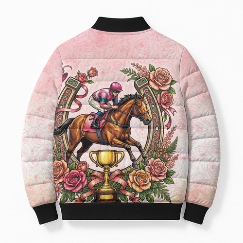Melbourne Horse Race Bomber Puffer Jacket Aussie Floral Horseshoe Pink Rose