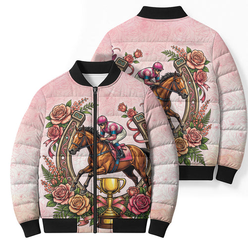 Melbourne Horse Race Bomber Puffer Jacket Aussie Floral Horseshoe Pink Rose