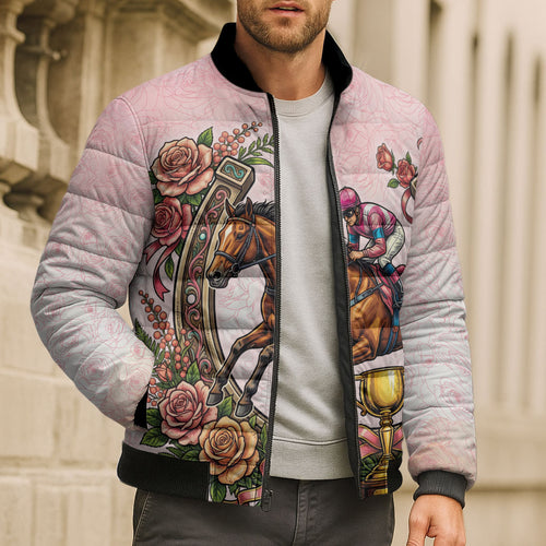 Melbourne Horse Race Bomber Puffer Jacket Aussie Floral Horseshoe Pink Rose