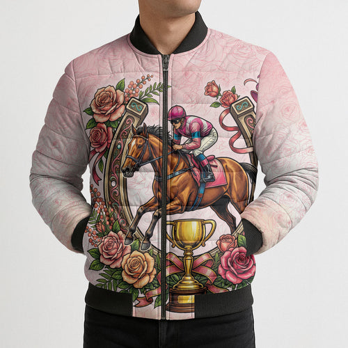 Melbourne Horse Race Bomber Puffer Jacket Aussie Floral Horseshoe Pink Rose