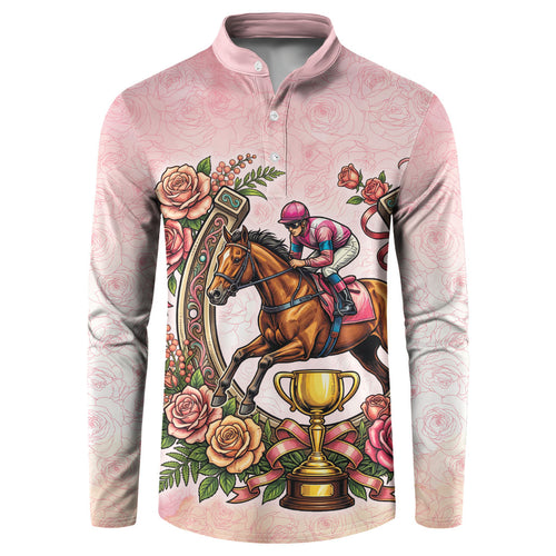 Melbourne Horse Race Button Sweatshirt Aussie Floral Horseshoe Pink Rose
