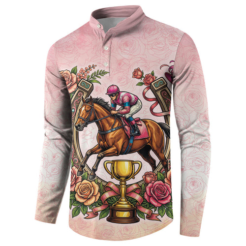 Melbourne Horse Race Button Sweatshirt Aussie Floral Horseshoe Pink Rose