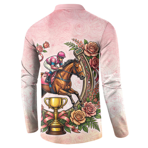 Melbourne Horse Race Button Sweatshirt Aussie Floral Horseshoe Pink Rose
