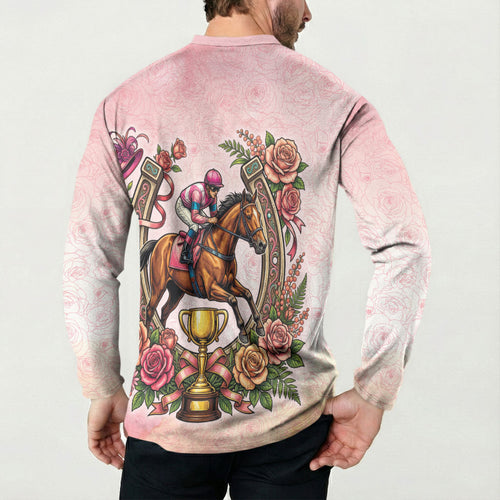 Melbourne Horse Race Button Sweatshirt Aussie Floral Horseshoe Pink Rose
