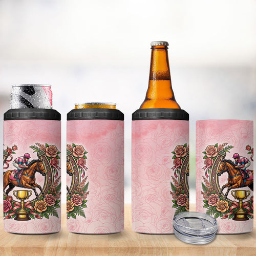 Melbourne Horse Race 4 in 1 Can Cooler Tumbler Aussie Floral Horseshoe Pink Rose
