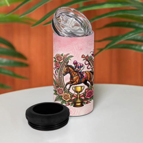 Melbourne Horse Race 4 in 1 Can Cooler Tumbler Aussie Floral Horseshoe Pink Rose