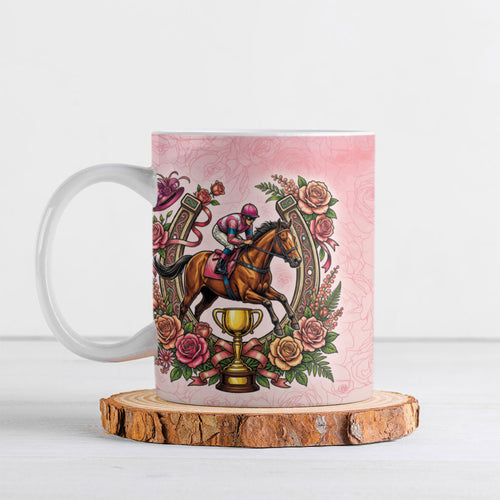 Melbourne Horse Race Ceramic Mug Aussie Floral Horseshoe Pink Rose