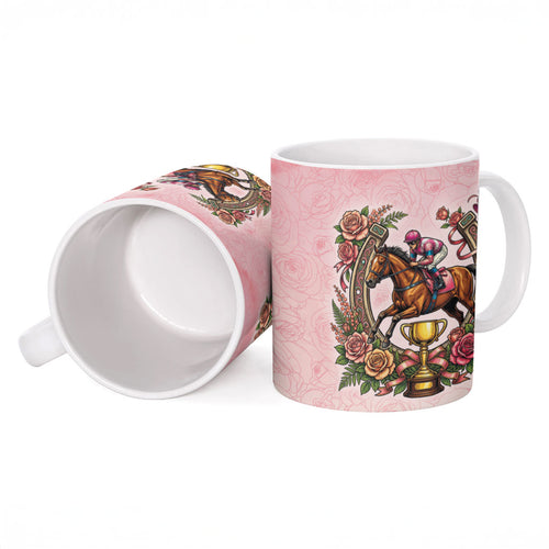 Melbourne Horse Race Ceramic Mug Aussie Floral Horseshoe Pink Rose