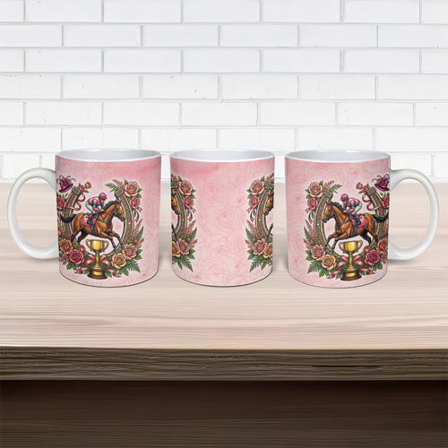Melbourne Horse Race Ceramic Mug Aussie Floral Horseshoe Pink Rose