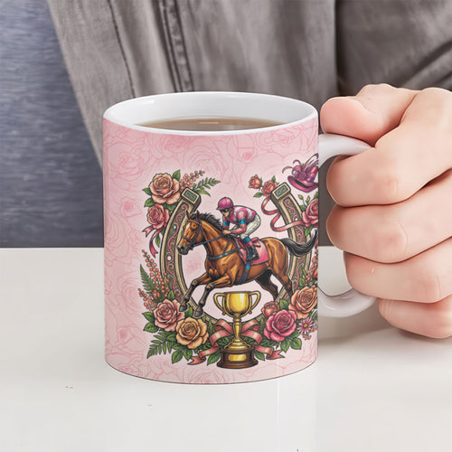 Melbourne Horse Race Ceramic Mug Aussie Floral Horseshoe Pink Rose