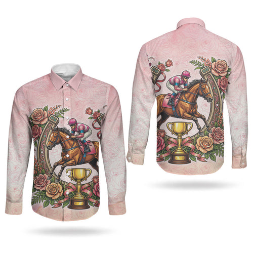 Melbourne Horse Race Couples Matching Off Shoulder Short Dress and Long Sleeve Button Shirt Aussie Floral Horseshoe Pink Rose