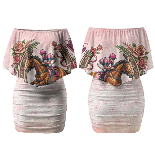 Melbourne Horse Race Couples Matching Off Shoulder Short Dress and Long Sleeve Button Shirt Aussie Floral Horseshoe Pink Rose