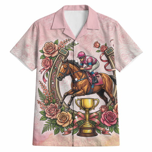 Melbourne Horse Race Hawaiian Shirt Aussie Floral Horseshoe Pink Rose