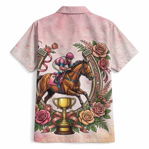 Melbourne Horse Race Hawaiian Shirt Aussie Floral Horseshoe Pink Rose