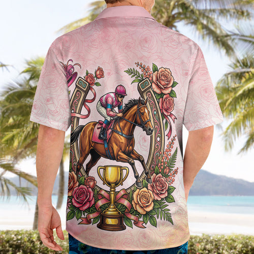 Melbourne Horse Race Hawaiian Shirt Aussie Floral Horseshoe Pink Rose