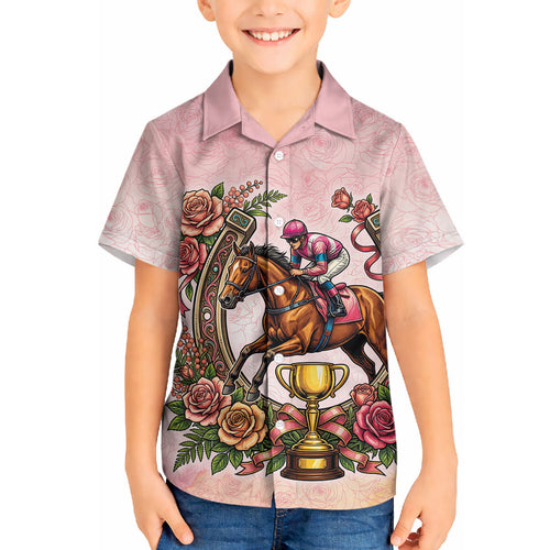 Melbourne Horse Race Hawaiian Shirt Aussie Floral Horseshoe Pink Rose