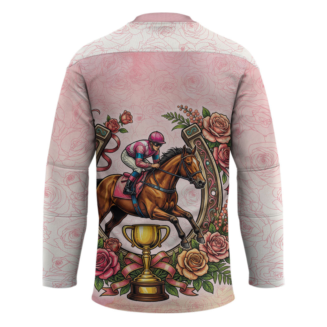 Melbourne Horse Race Hockey Jersey Aussie Floral Horseshoe Pink Rose