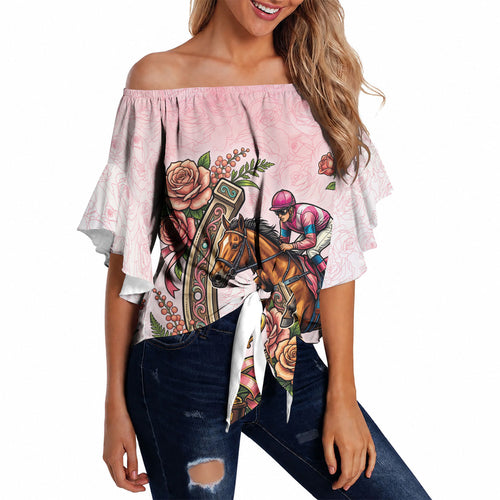 Melbourne Horse Race Off Shoulder Wrap Waist Top Aussie Floral Horseshoe Pink Rose