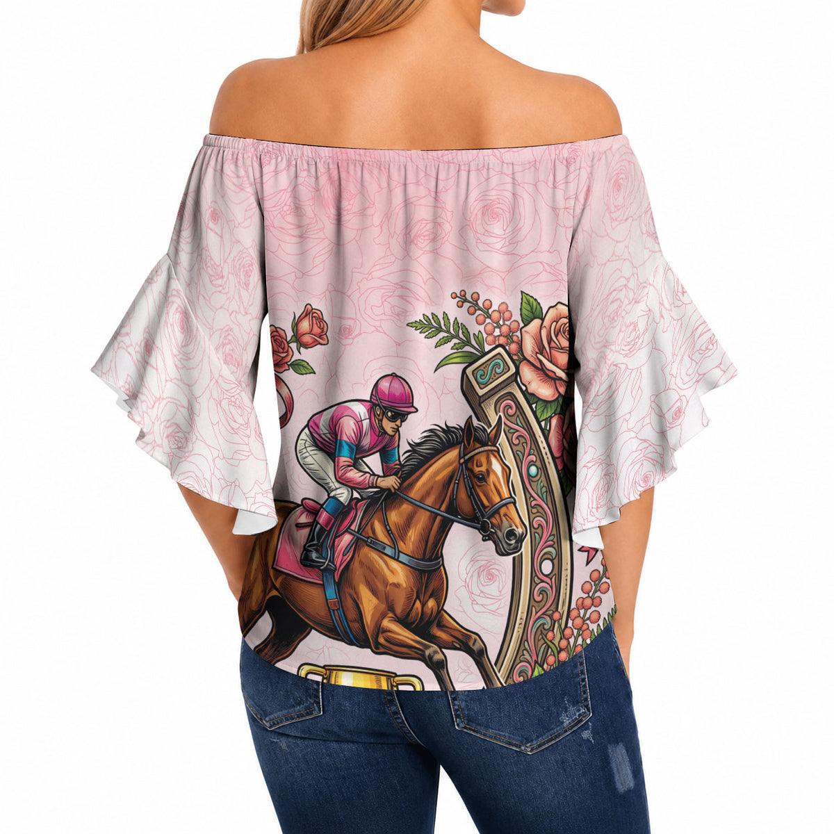 Melbourne Horse Race Off Shoulder Wrap Waist Top Aussie Floral Horseshoe Pink Rose