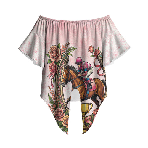 Melbourne Horse Race Off Shoulder Wrap Waist Top Aussie Floral Horseshoe Pink Rose