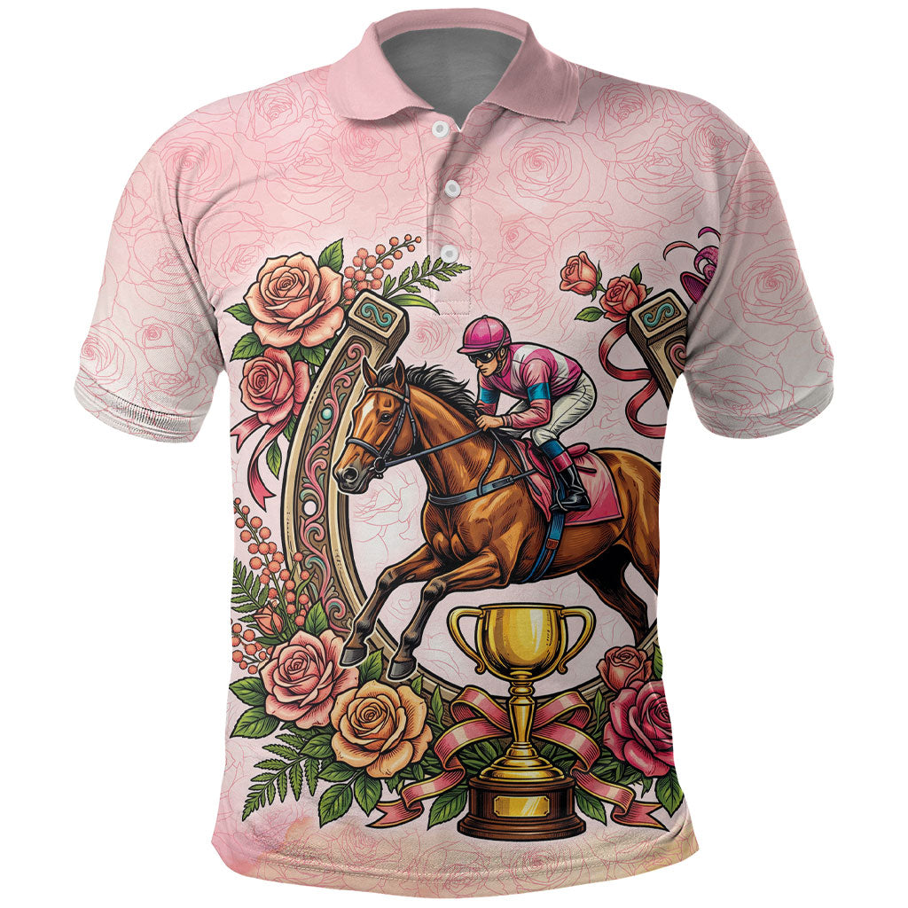 Melbourne Horse Race Polo Shirt Aussie Floral Horseshoe Pink Rose