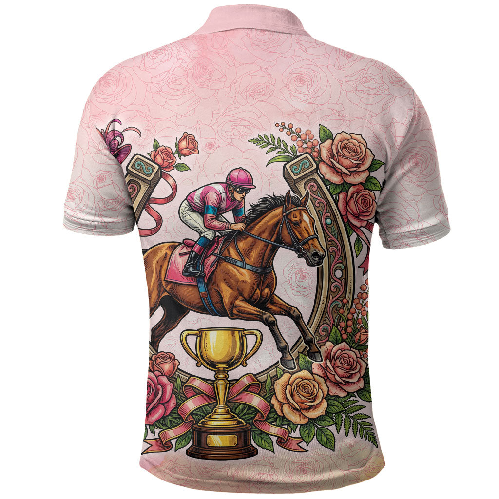 Melbourne Horse Race Polo Shirt Aussie Floral Horseshoe Pink Rose